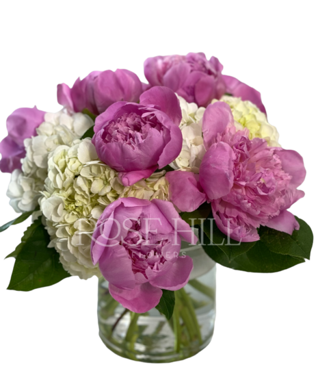 Peonies and white hydrangea with green accents in a round glass vase